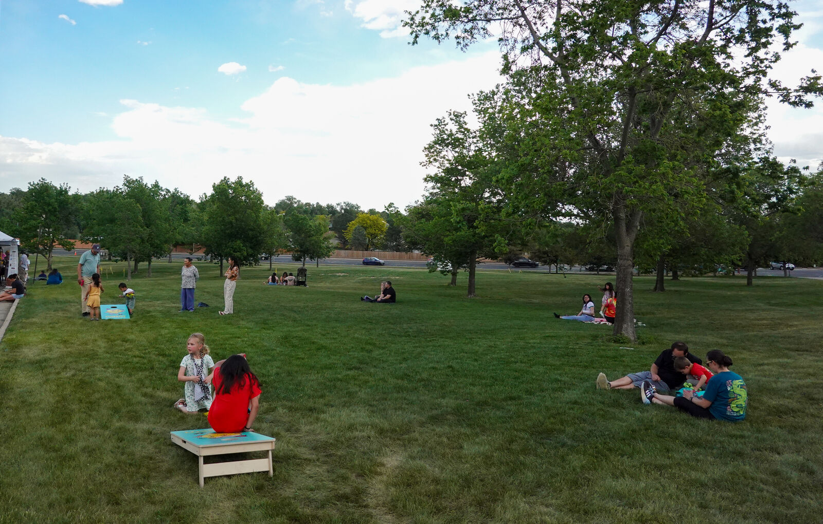 Families relaxing on the lawn at Carpenter Park during the market